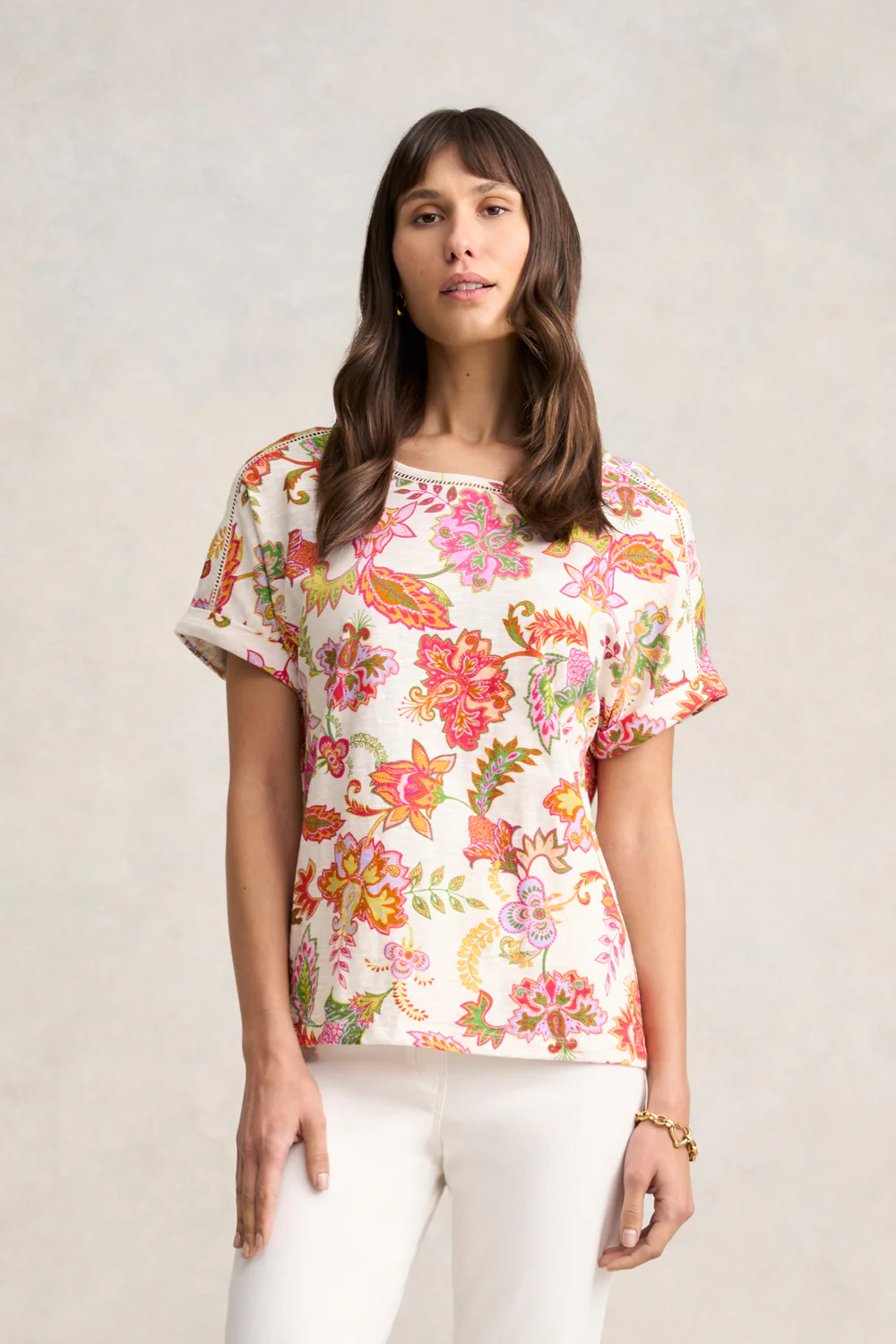 Ladder Trim Tee - Floral White Print - Skullriy