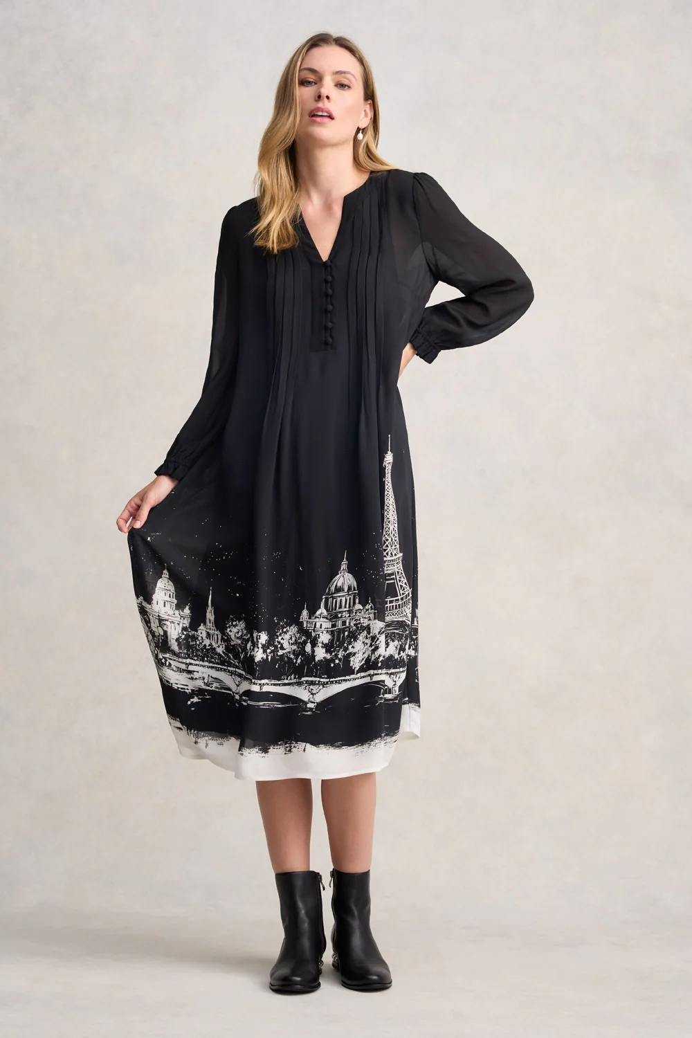 Pintuck Dress - Eiffel Border Print - Skullriy