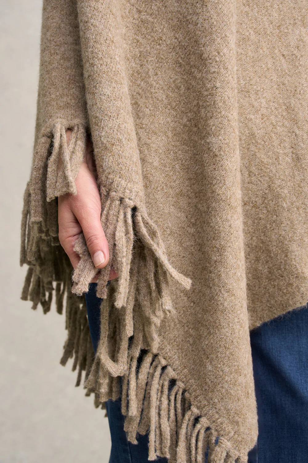 Wool Blend Tassel Trim Poncho - Taupe Marle - Skullriy