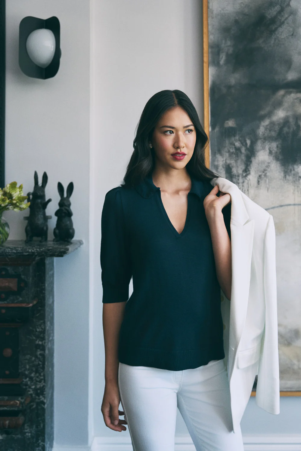 Half Sleeve Collared Wool Knit - Ink - Skullriy