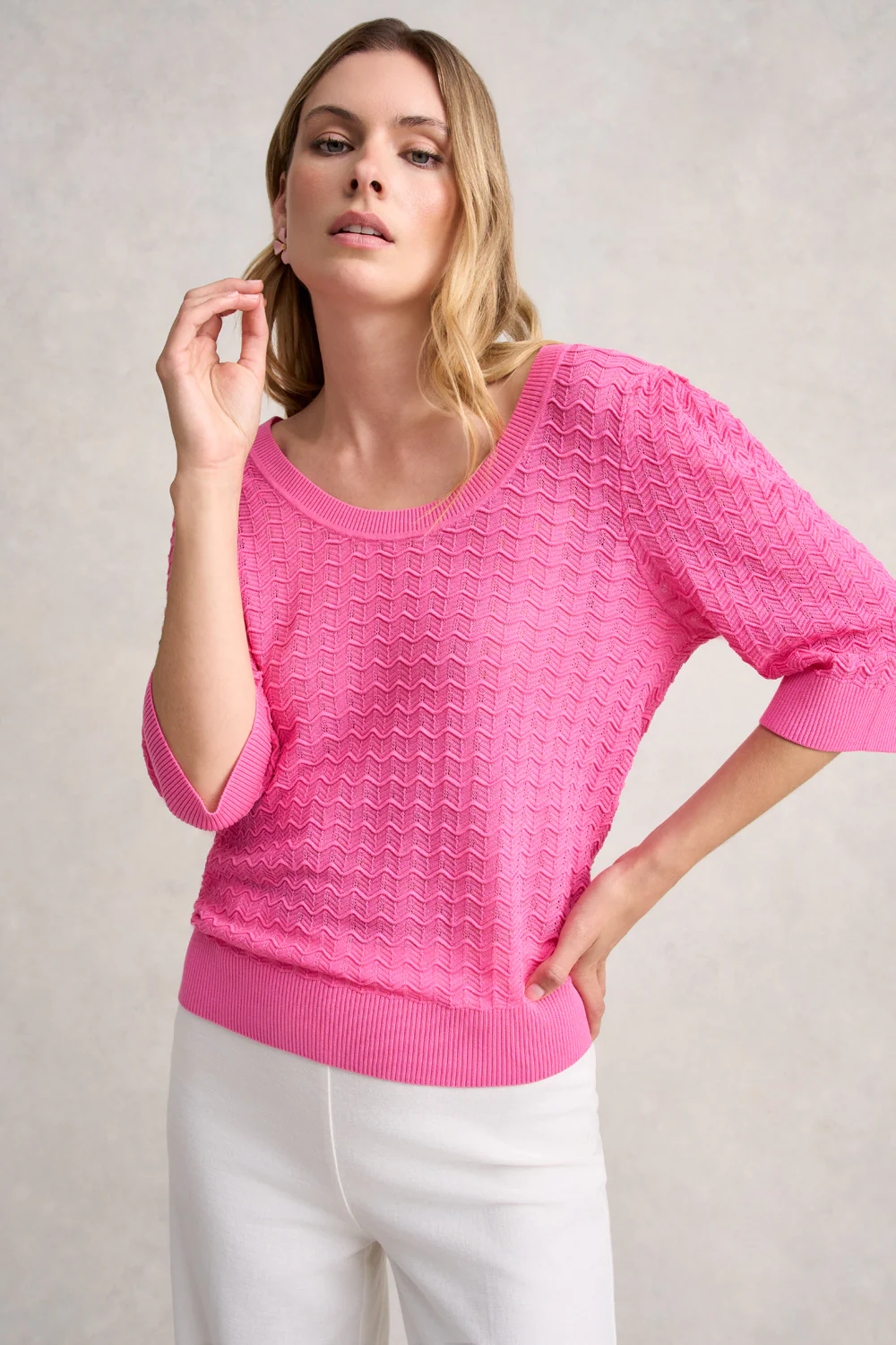 Short Sleeve Textured Knit - Vivid Pink - Skullriy