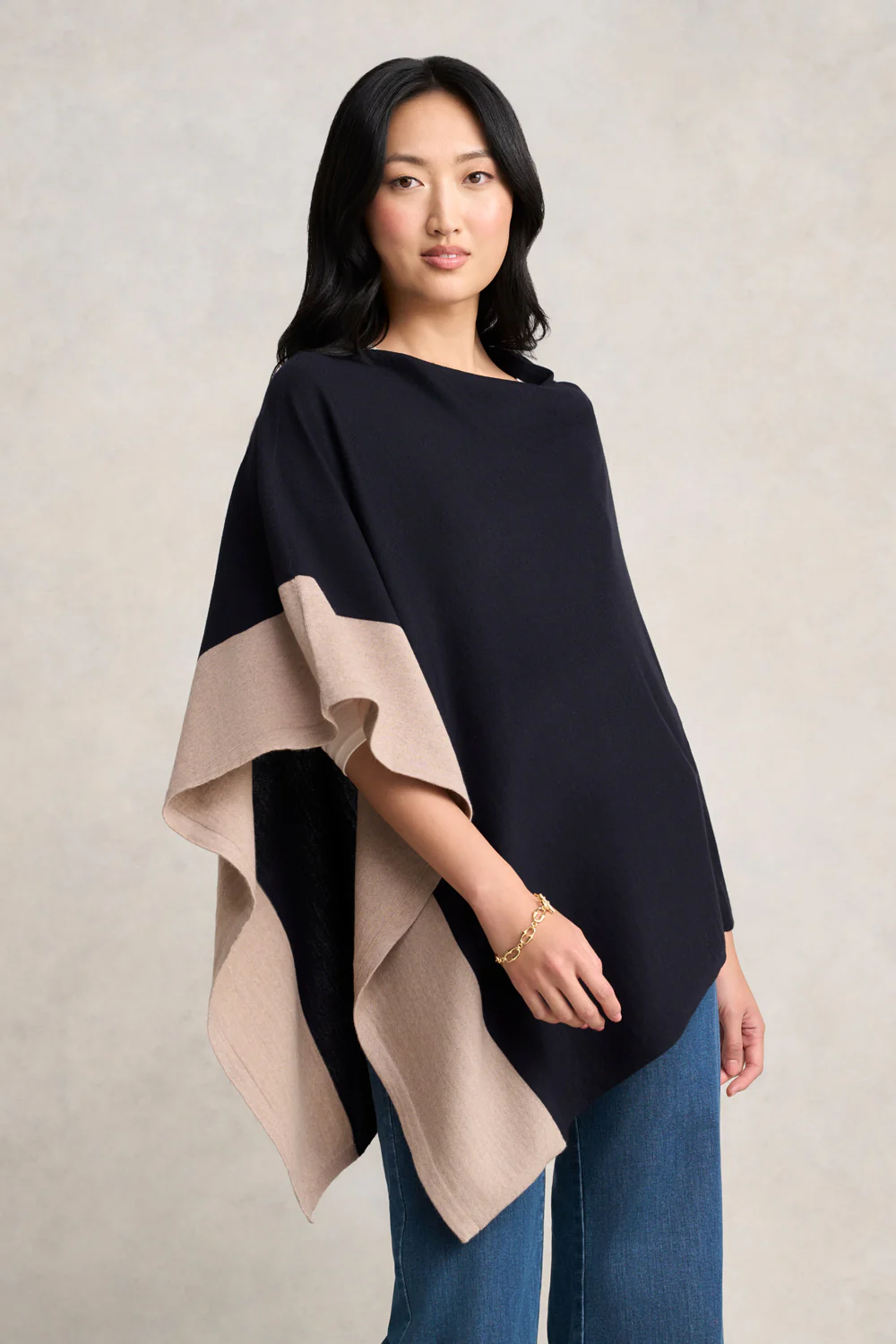 Contrast Trim Merino Poncho - Ink & Taupe - Skullriy