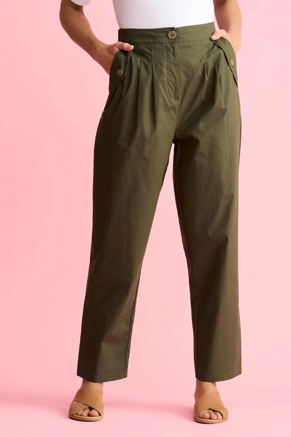 Tab Detail Cotton Pant - Dark Green - Skullriy