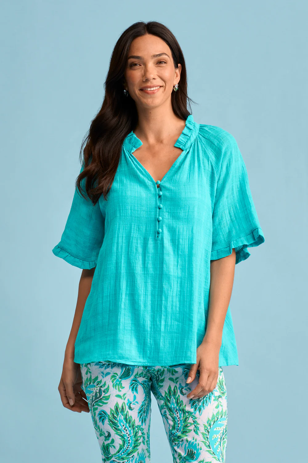 Textured Cotton Blouse - Turquoise - Skullriy