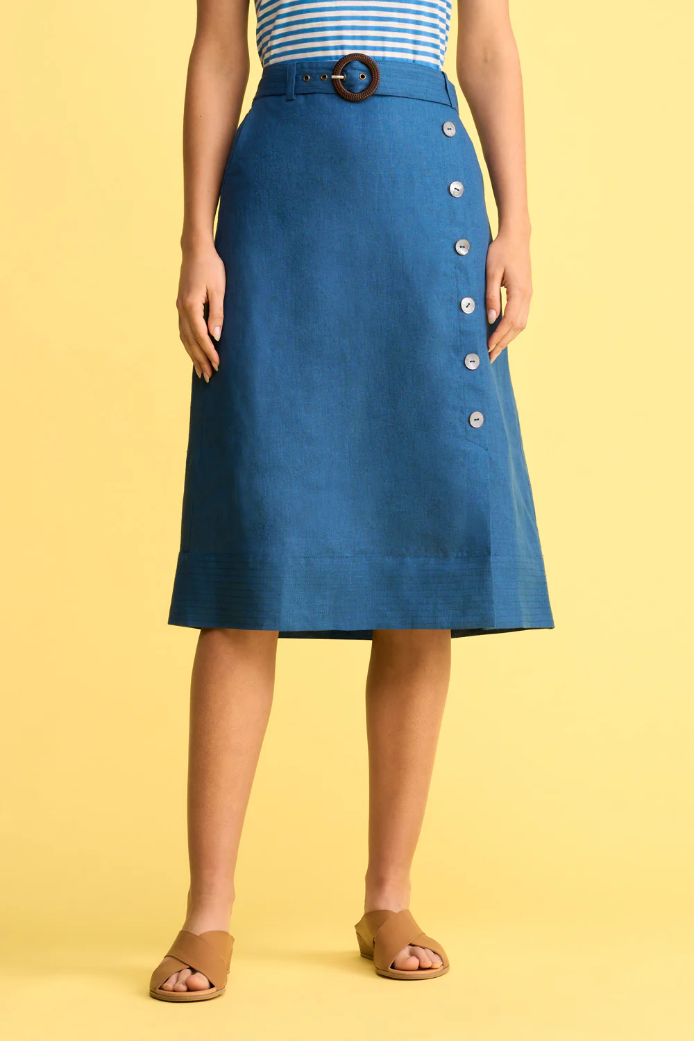 Belted Linen Skirt - Navy Cross Dye - Skullriy