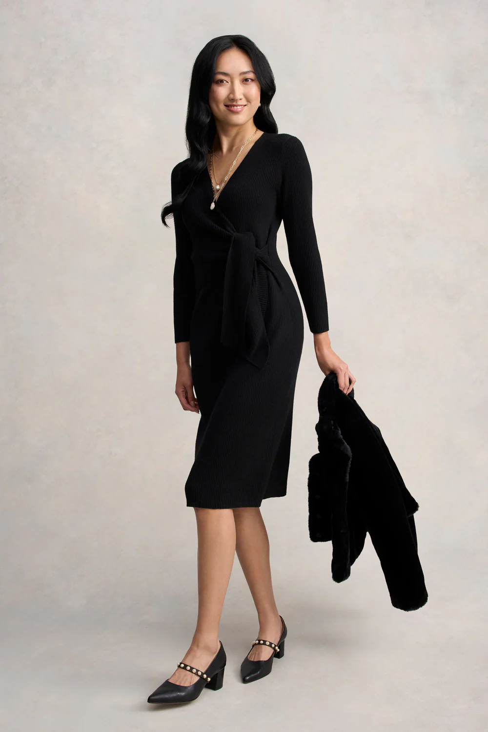 Wrap Detail Knit Dress - Black - Skullriy