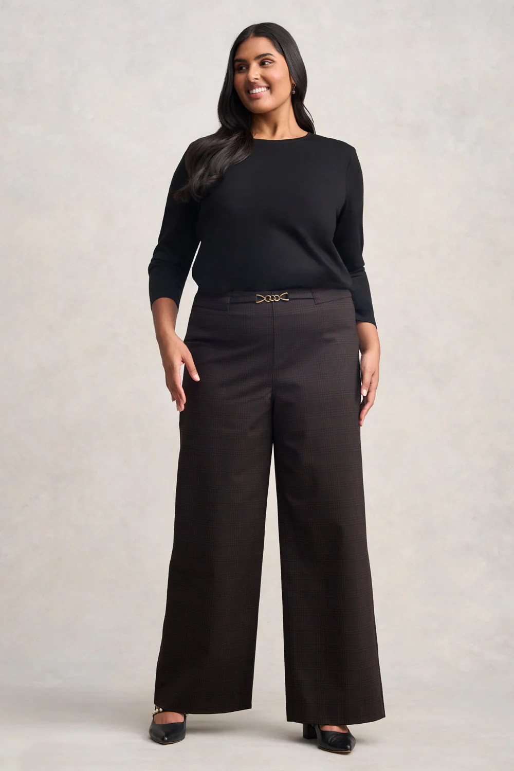 Wide Leg Ponte Pant - Black & Brown Check - Skullriy