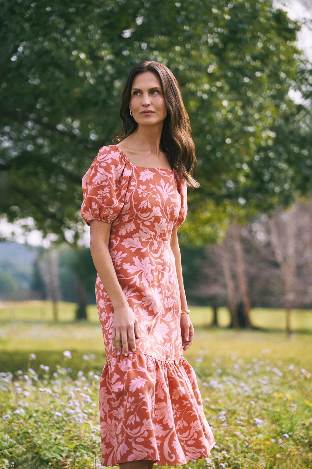 Linen Blend Printed Midi Dress  C Rosewood Print - Skullriy