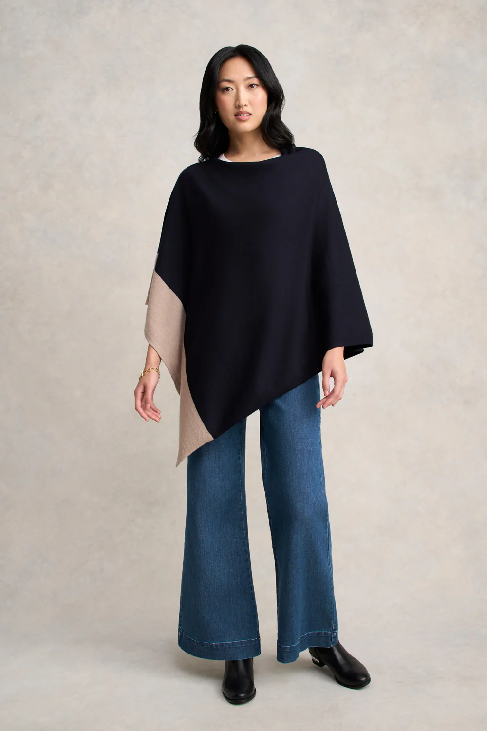 Contrast Trim Merino Poncho - Ink & Taupe - Skullriy