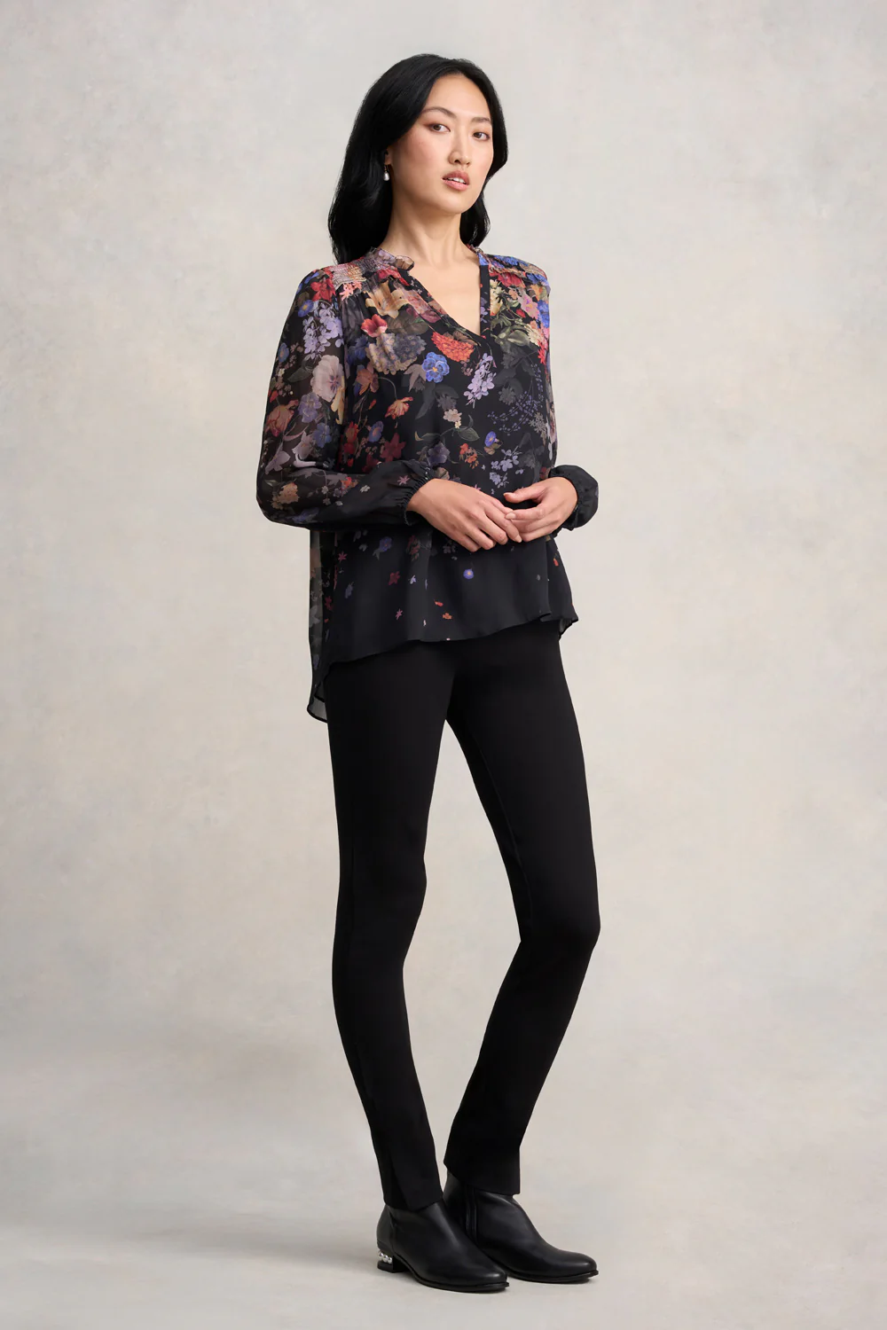 Viscose Georgette Printed Blouse - Midnight Floral - Skullriy