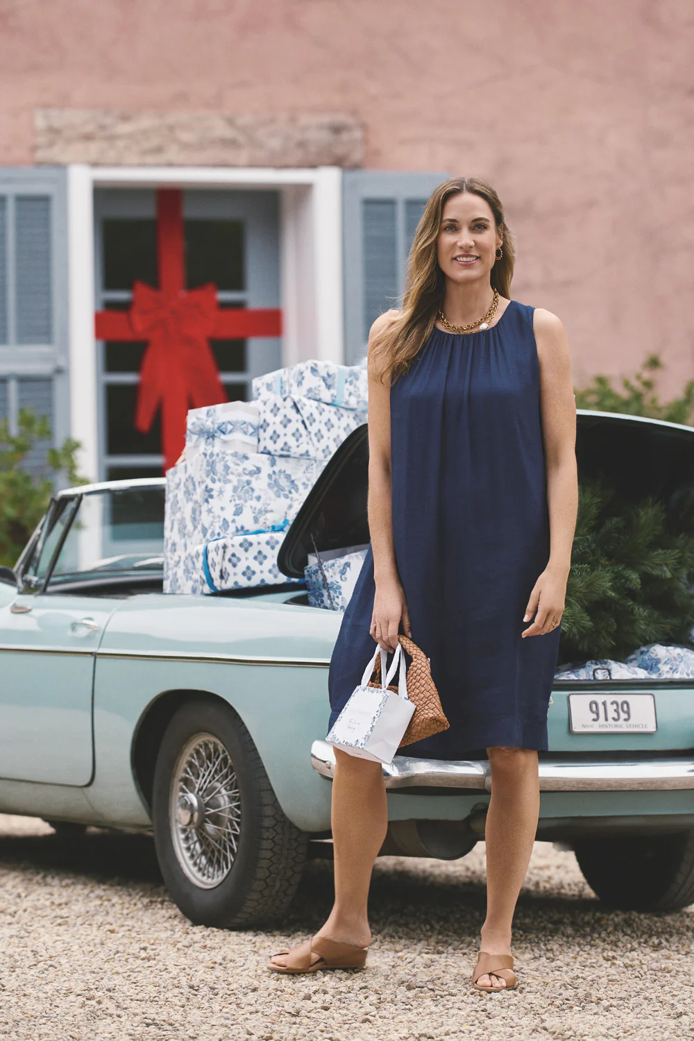 Linen Silk Midi Dress - Navy - Skullriy