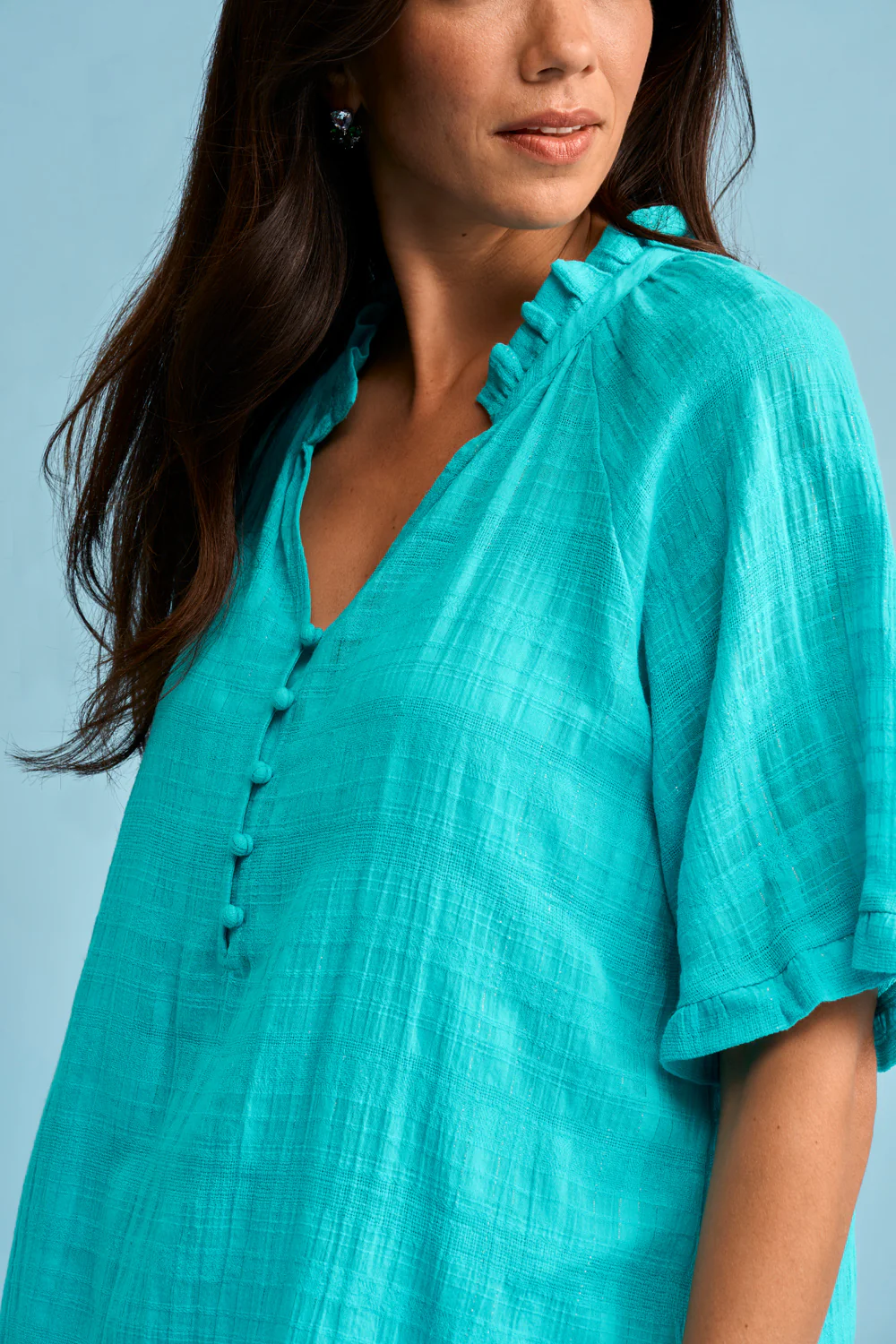Textured Cotton Blouse - Turquoise - Skullriy