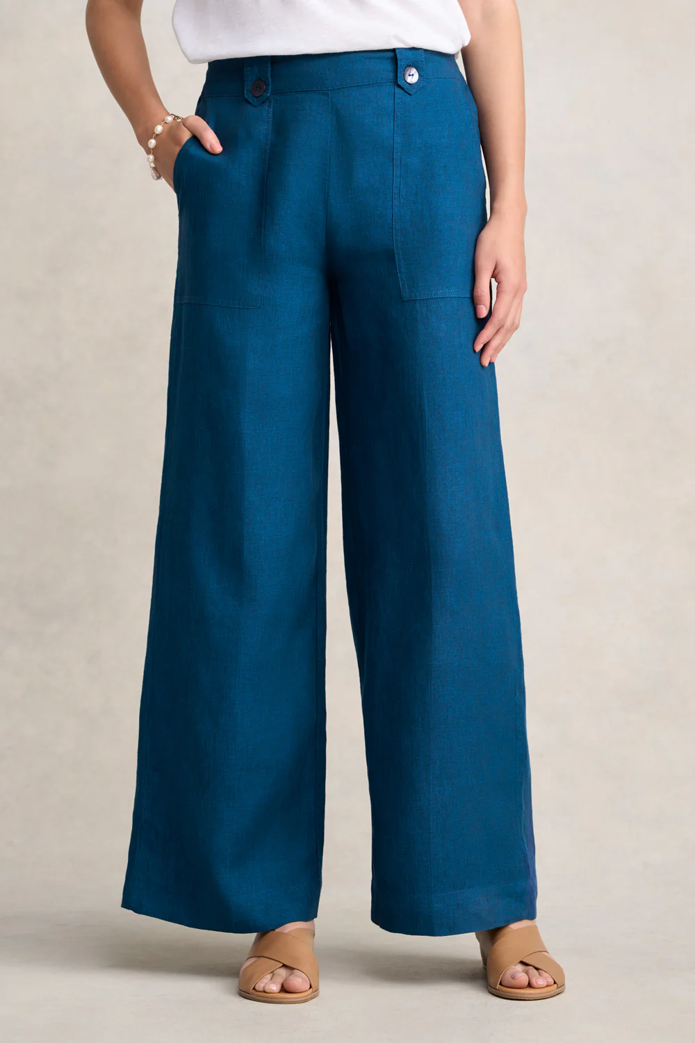 Full Length Waist Tab Linen Pant - Navy Delave - Skullriy