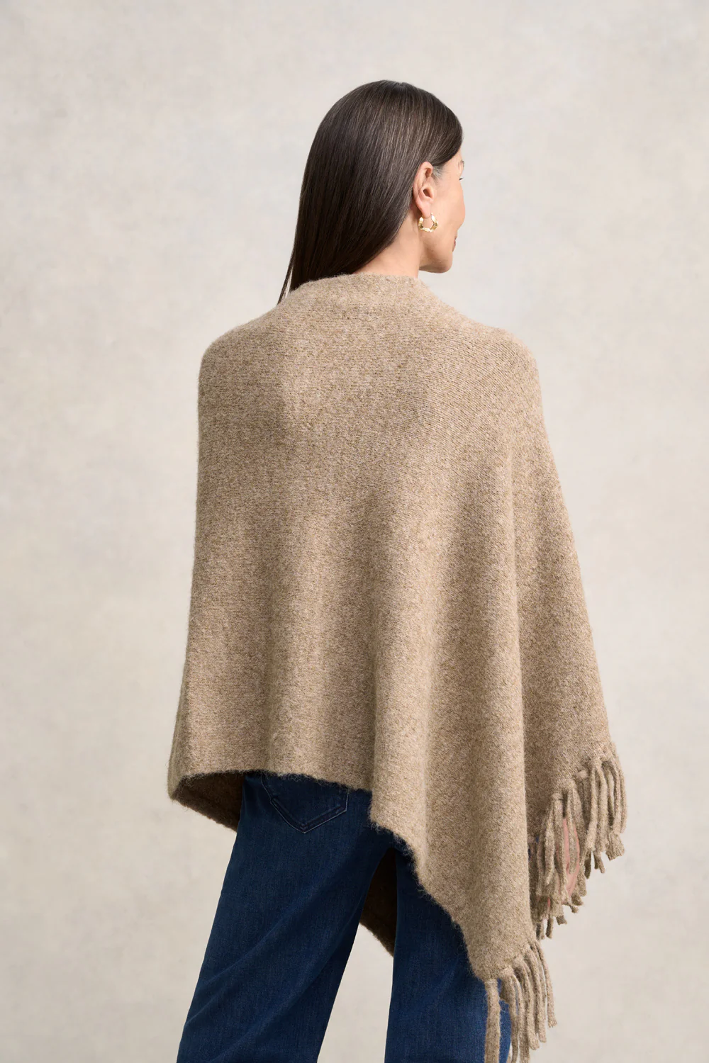Wool Blend Tassel Trim Poncho - Taupe Marle - Skullriy