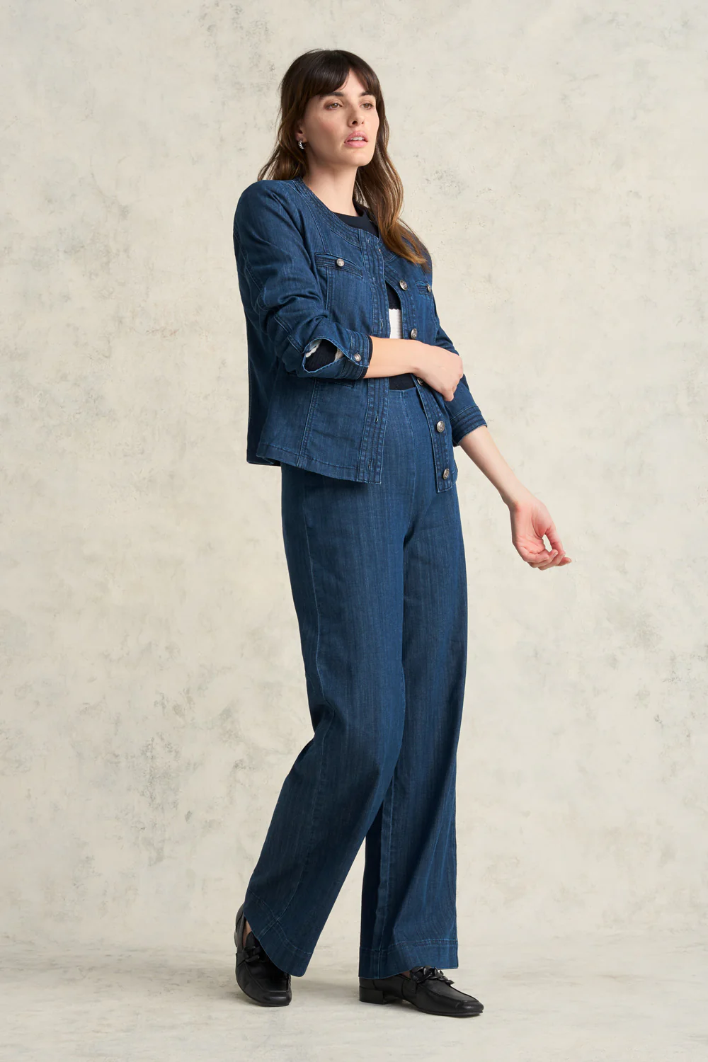 Stitch Detail Denim Jacket - Mid Blue Denim - Skullriy