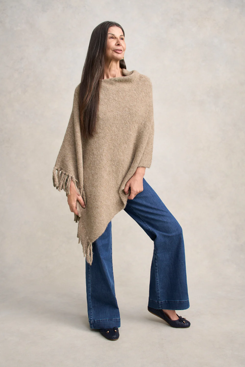 Wool Blend Tassel Trim Poncho - Taupe Marle - Skullriy