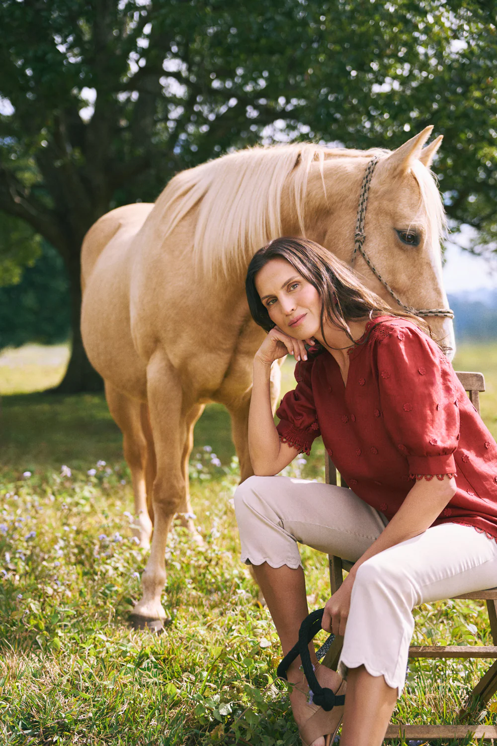 Lace Trim Linen Top  C Crimson - Skullriy