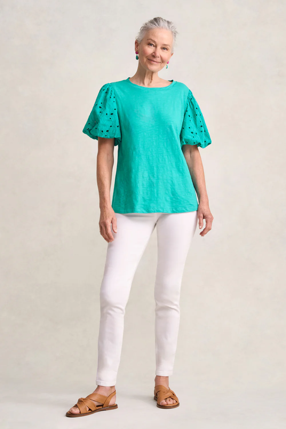 Broderie Sleeve Cotton T-Shirt - Viridian - Skullriy