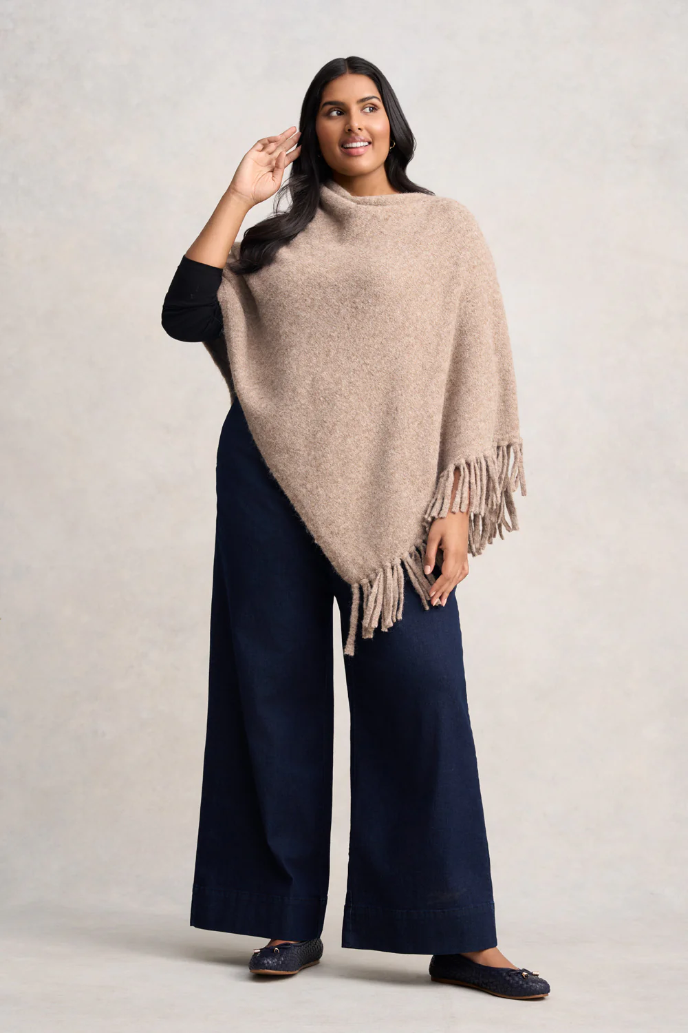 Wool Blend Tassel Trim Poncho - Taupe Marle - Skullriy