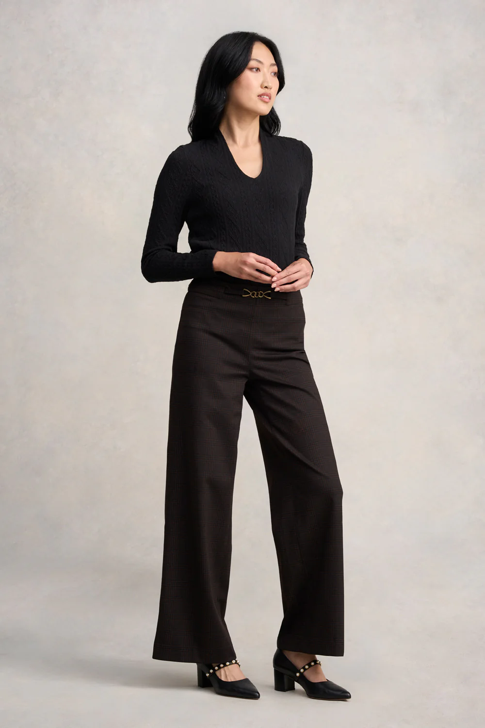 Wide Leg Ponte Pant - Black & Brown Check - Skullriy