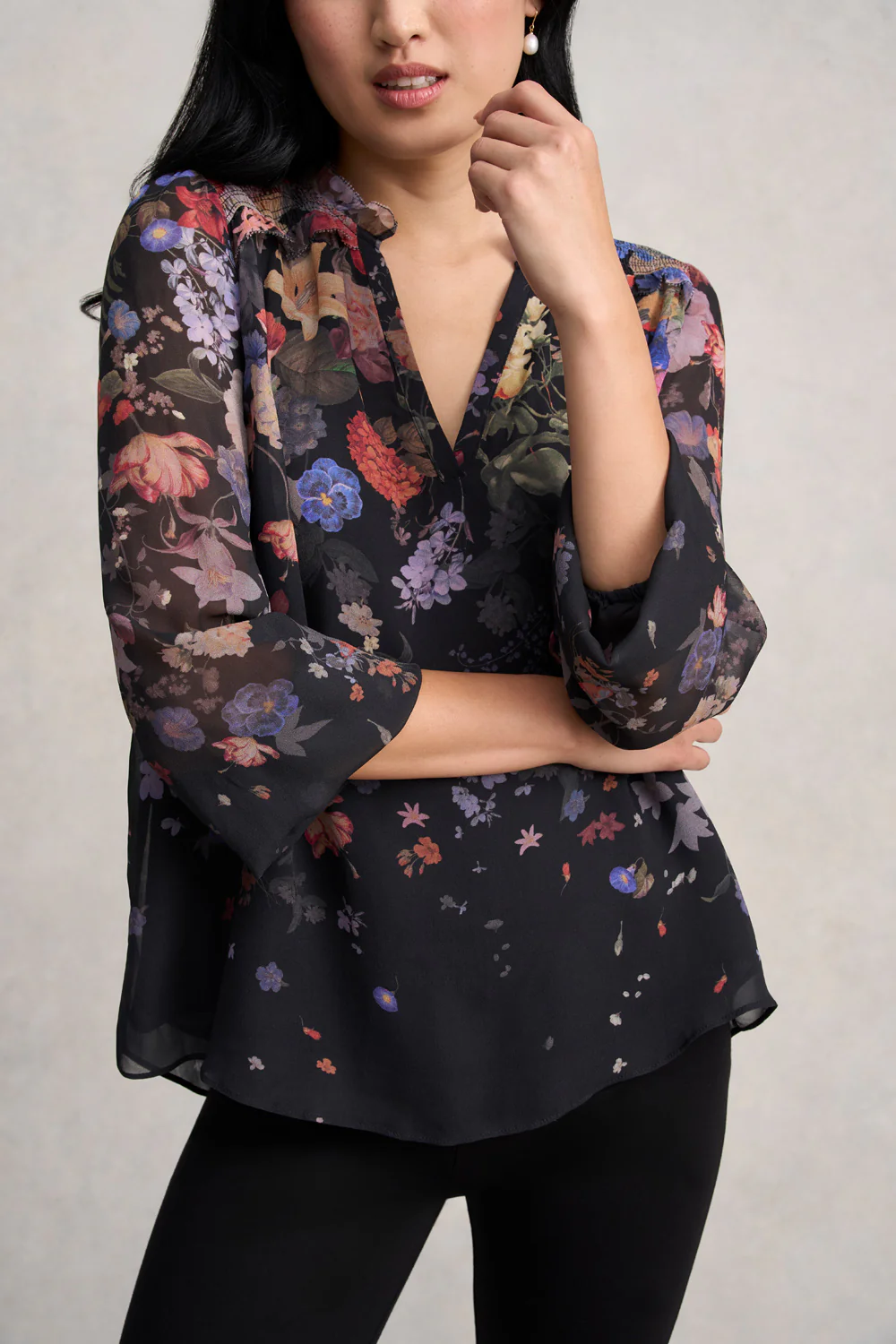 Viscose Georgette Printed Blouse - Midnight Floral - Skullriy