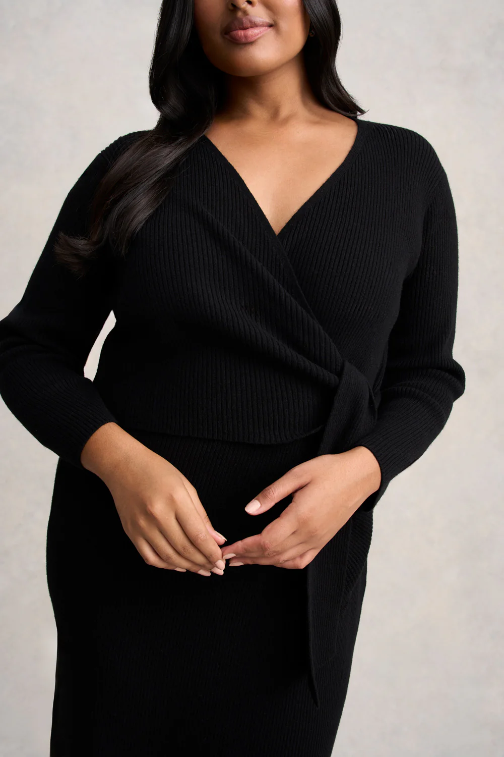 Wrap Detail Knit Dress - Black - Skullriy