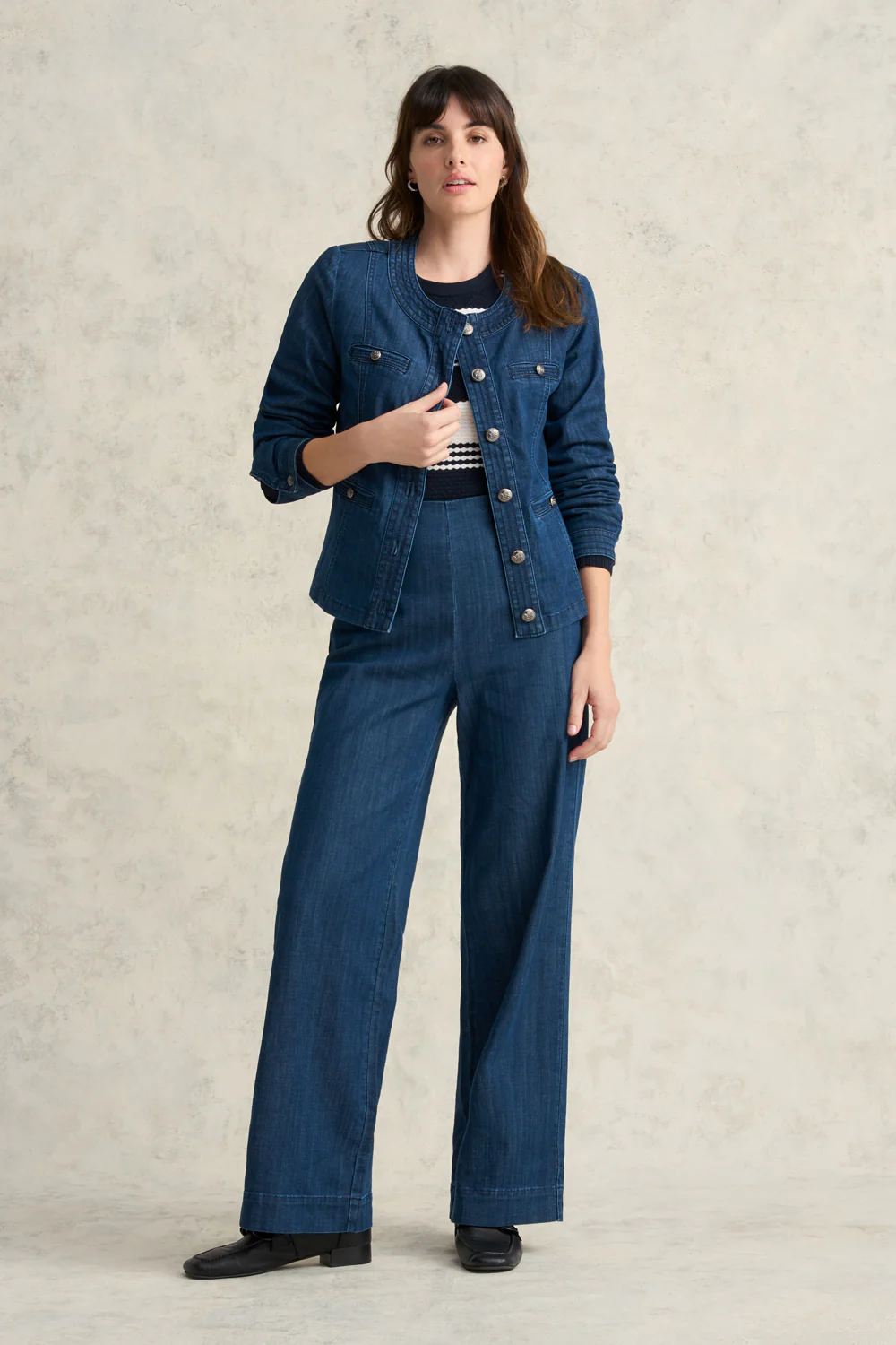 Stitch Detail Denim Jacket - Mid Blue Denim - Skullriy