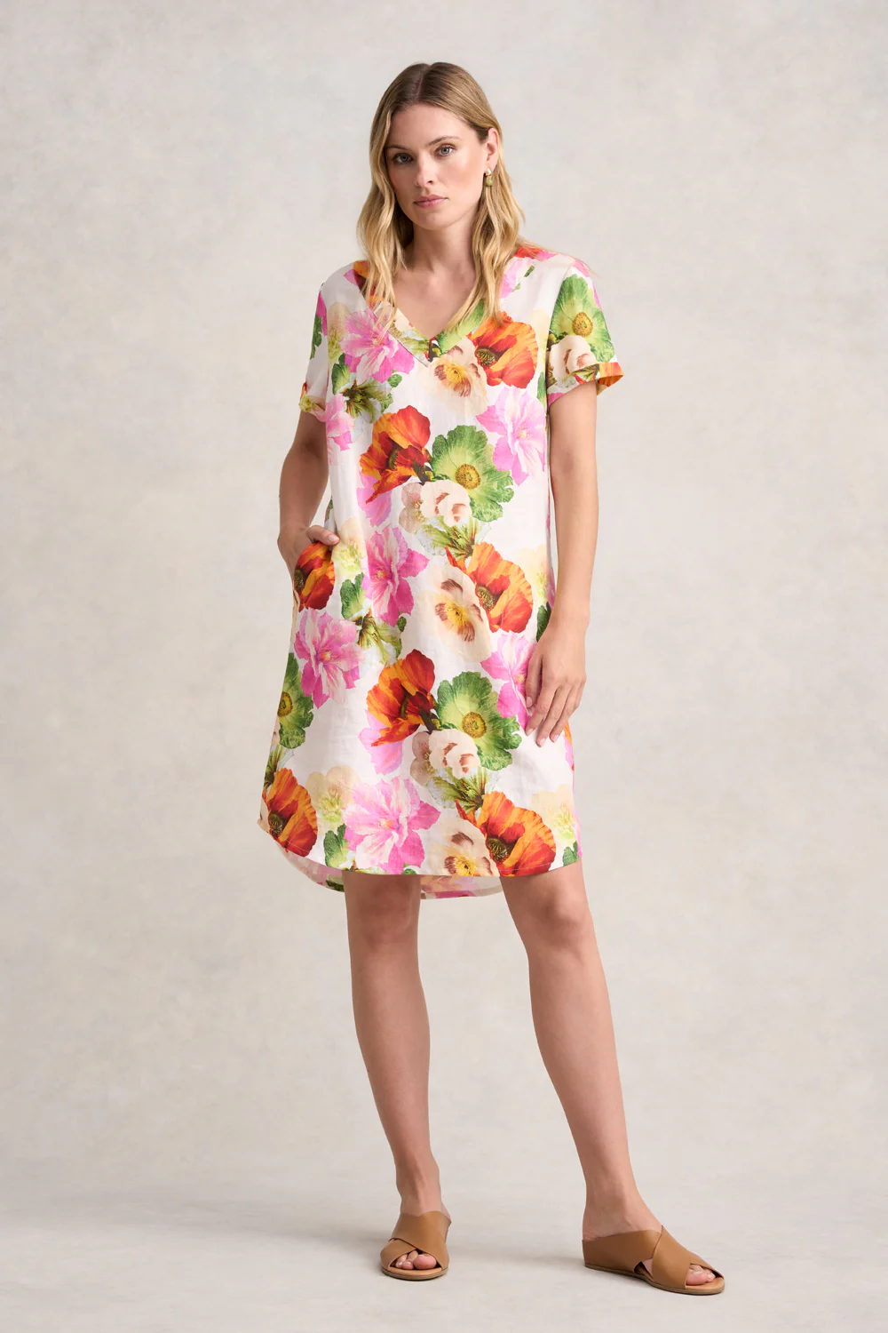 V-Neck Linen Dress - Multi Floral - Skullriy