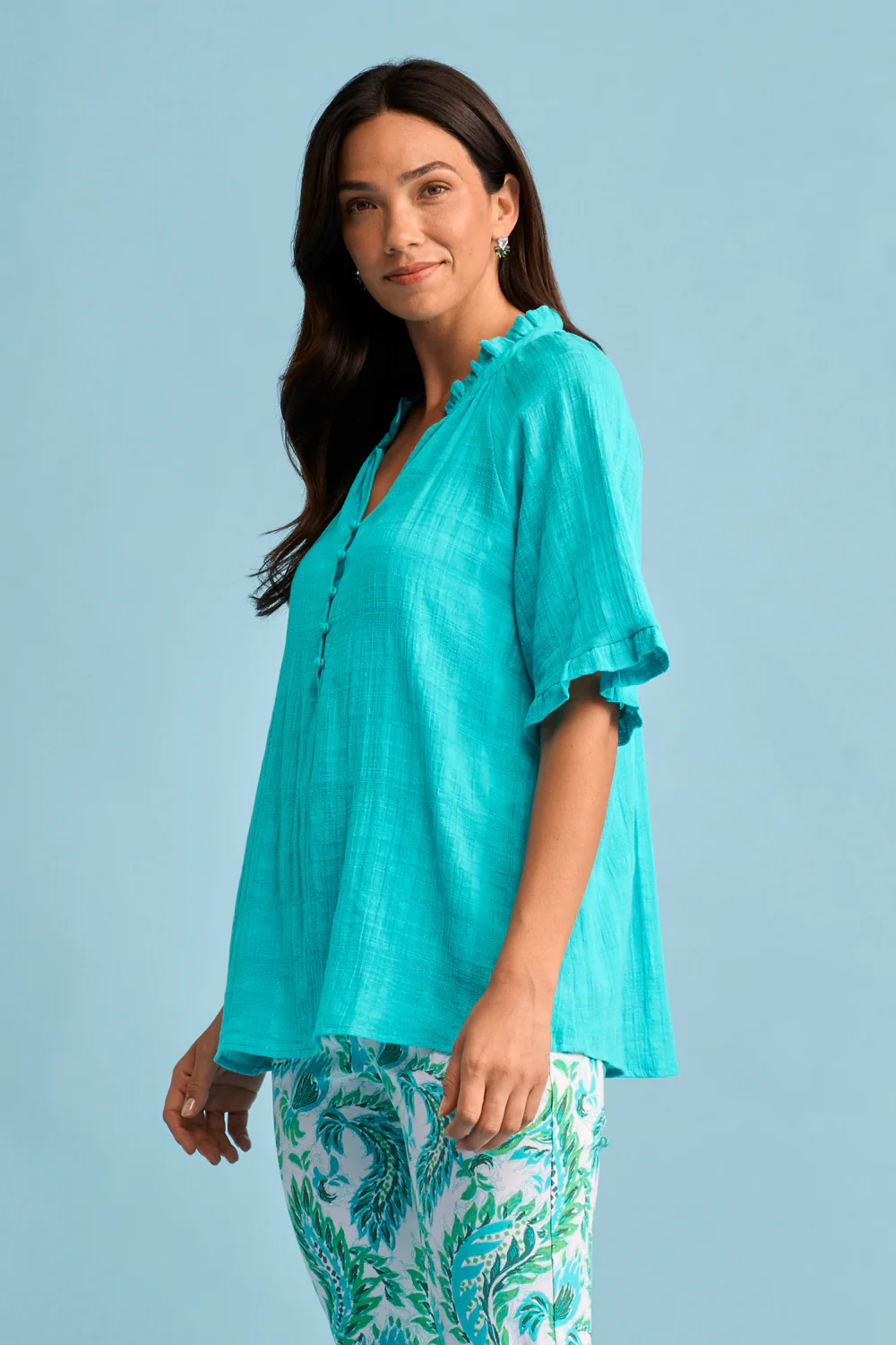 Textured Cotton Blouse - Turquoise - Skullriy