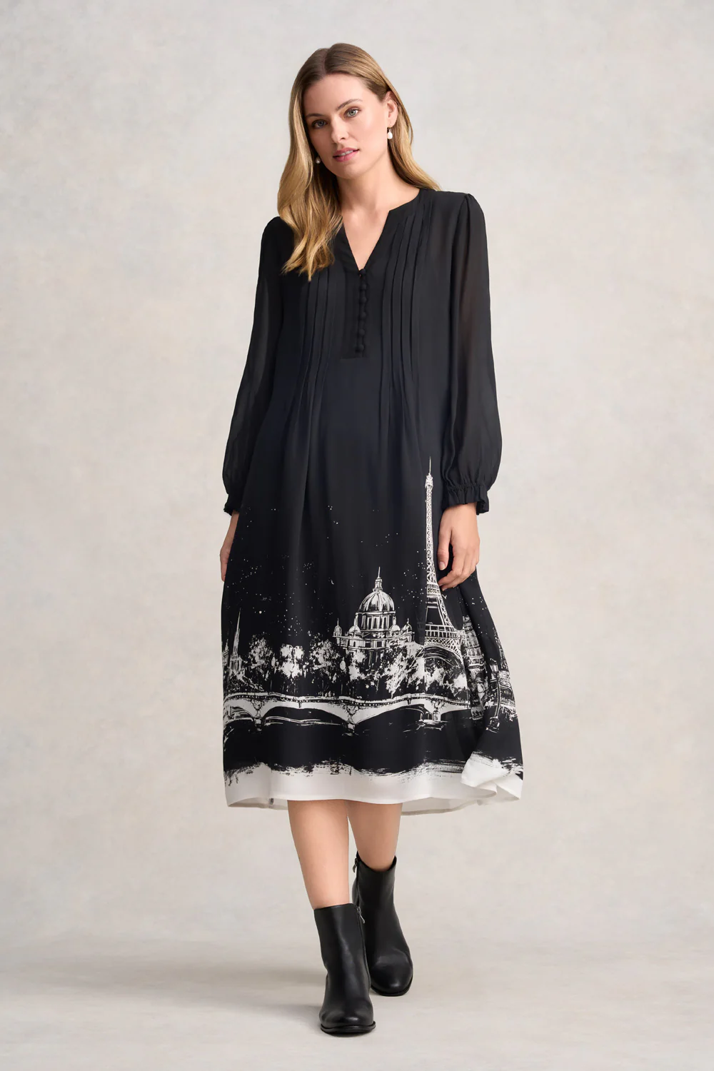 Pintuck Dress - Eiffel Border Print - Skullriy