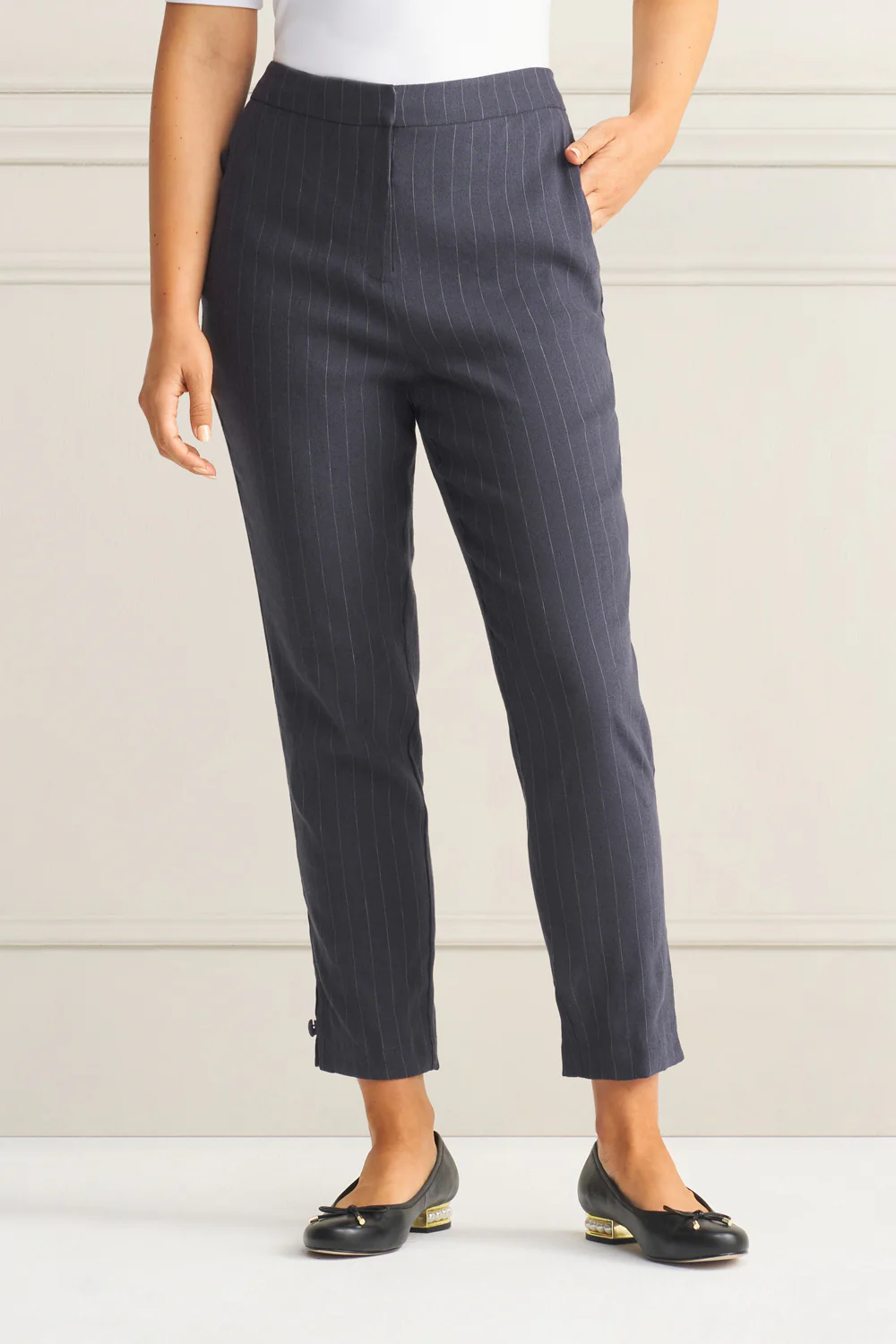 Tab Detail Linen Pant - Charcoal Pinstripe - Skullriy